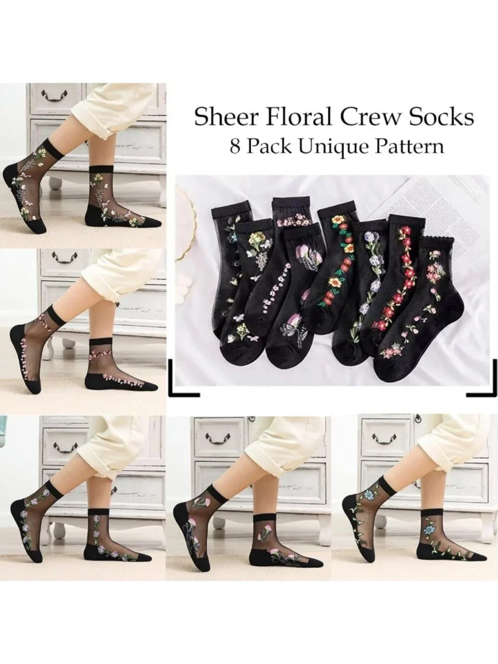 Sheer Mesh Transparent Ankle Socks for Women - Ultra-Thin Lace Fishnet Floral